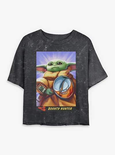 Star Wars: The Mandalorian And Grogu Bounty Hunter Card Style Mineral Wash Womens Crop T-Shirt