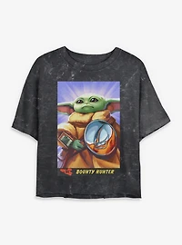 Star Wars: The Mandalorian And Grogu Bounty Hunter Card Style Mineral Wash Womens Crop T-Shirt