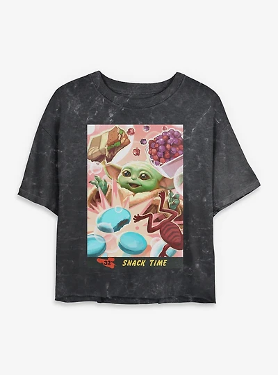 Star Wars: The Mandalorian And Grogu Snack Time Card Style Mineral Wash Womens Crop T-Shirt
