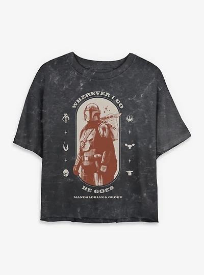 Star Wars: The Mandalorian And Grogu Wherever I Go He Goes & Profile Mineral Wash Womens Crop T-Shirt