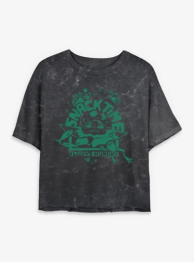 Star Wars The Mandalorian And Grogu Snack Time Always Hungry Mineral Wash Womens Crop T-Shirt