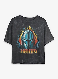 Star Wars The Mandalorian Flame Head Mineral Wash Womens Crop T-Shirt