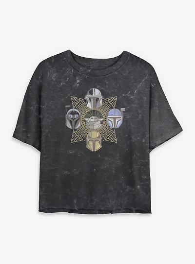 Star Wars The Mandalorian Grogu And Hunters Emblem Mineral Wash Womens Crop T-Shirt