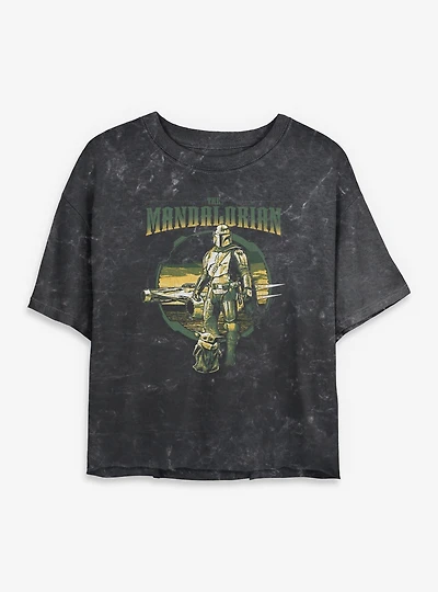 Star Wars The Mandalorian Grogu & Mando Together Again Mineral Wash Womens Crop T-Shirt