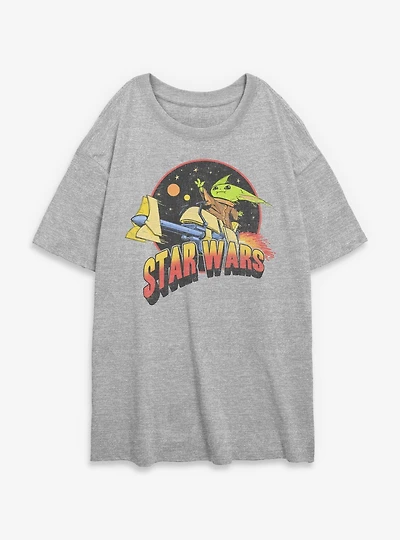 Star Wars The Mandalorian Grogu Riding Space Womens Oversized T-Shirt