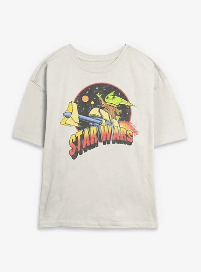 Star Wars The Mandalorian Grogu Riding Space Womens Skimmer T-Shirt