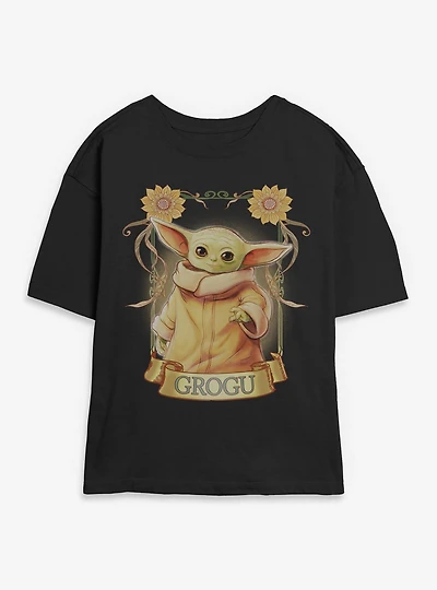 Star Wars The Mandalorian Grogu Floral Ornate Frame Womens Skimmer T-Shirt