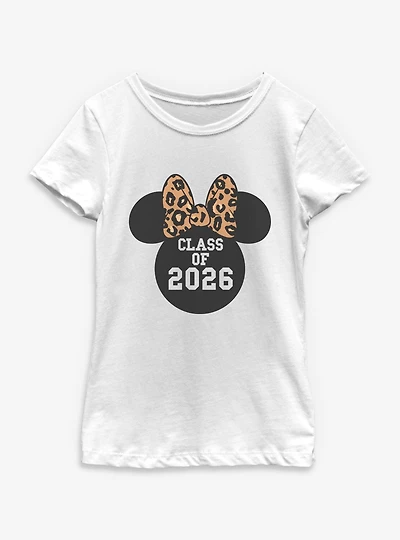 Disney Minnie Mouse Leapord Bow Head Class Of 2026 Youth Girls T-Shirt