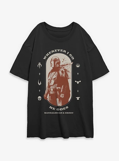 Star Wars: The Mandalorian And Grogu Wherever I Go He Goes & Profile Womens Oversized T-Shirt