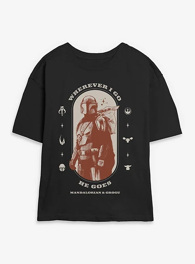 Star Wars: The Mandalorian And Grogu Wherever I Go He Goes & Profile Womens Skimmer T-Shirt