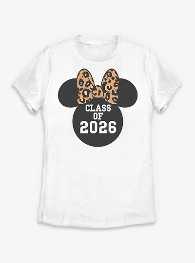 Disney Minnie Mouse Leapord Bow Head Class Of 2026 Womens T-Shirt