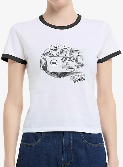 Sonic The Hedgehog Dr. Eggman Egg Mobile Artistic Sketch Womens Ringer T-Shirt