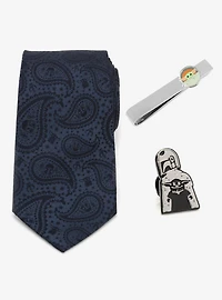 Star Wars Mandalorian and Grogu Navy Silk Paisley Tie, Grogu Tie Bar, and Lapel Pin Gift Set