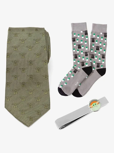 Star Wars Grogu Green Silk Tie, Gray Dress Socks, and Tie Bar Gift Set
