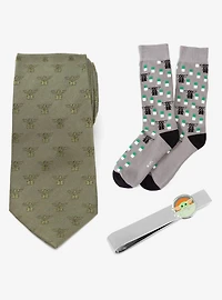 Star Wars Grogu Green Silk Tie, Gray Dress Socks, and Tie Bar Gift Set