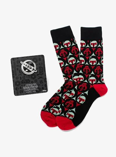 Star Wars Boba Fett and Mythosaur Black and Red Dress Socks and Crest Lapel Pin Gift Set