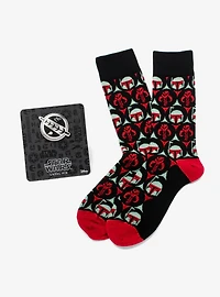 Star Wars Boba Fett and Mythosaur Black and Red Dress Socks and Crest Lapel Pin Gift Set