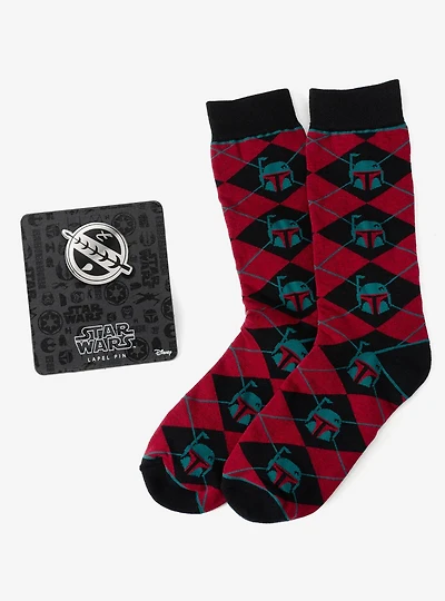 Star Wars Boba Fett Maroon and Black Argyle Socks and Crest Lapel Pin Gift Set