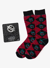 Star Wars Boba Fett Maroon and Black Argyle Socks and Crest Lapel Pin Gift Set