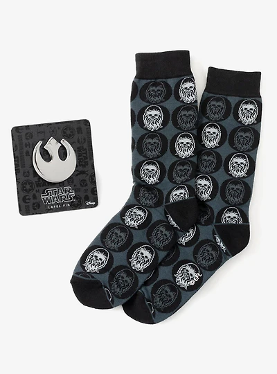Star Wars Chewbacca Black Dress Socks and Rebel Alliance Starbird Crest Lapel Pin Gift Set
