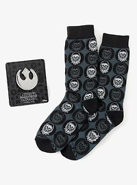 Star Wars Chewbacca Black Dress Socks and Rebel Alliance Starbird Crest Lapel Pin Gift Set