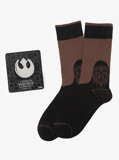 Star Wars Chewbacca Brown and Black Dress Socks and Rebel Alliance Starbird Crest Lapel Pin Gift Set