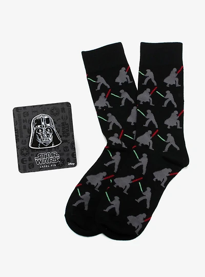 Star Wars Darth Vader and Luke Skywalker Lightsaber Battle Black Dress Socks and Darth Vader Lapel Pin Gift Set