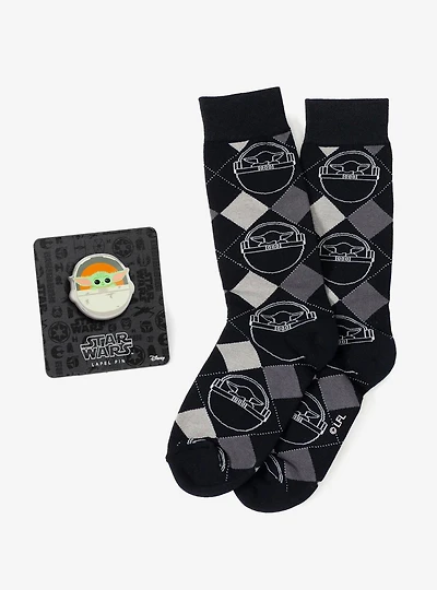 Star Wars Grogu Charcoal Gray Argyle Socks and Lapel Pin Gift Set