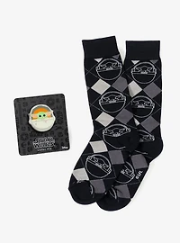 Star Wars Grogu Charcoal Gray Argyle Socks and Lapel Pin Gift Set