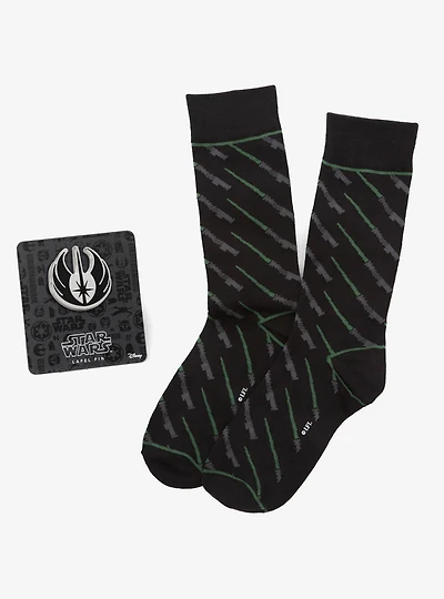 Star Wars Green Lightsaber Dress Socks with Jedi Crest Lapel Pin Gift Set