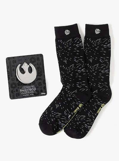 Star Wars Hyperspace Black Dress Socks and Rebel Crest Lapel Pin Gift Set
