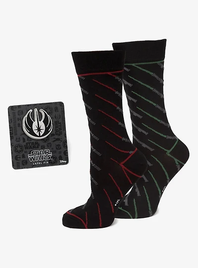Star Wars Green and Red Lightsaber Pattern Black Dress Socks with Jedi Crest Lapel Pin Gift Set