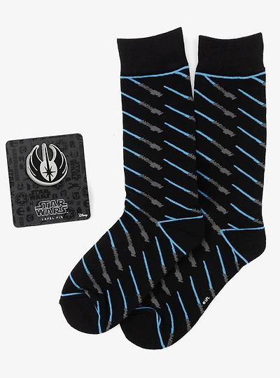 Star Wars Obi-Wan Kenobi Blue Lightsaber Pattern Black Dress Socks with Jedi Crest Lapel Pin Gift Set