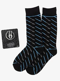 Star Wars Obi-Wan Kenobi Blue Lightsaber Pattern Black Dress Socks with Jedi Crest Lapel Pin Gift Set