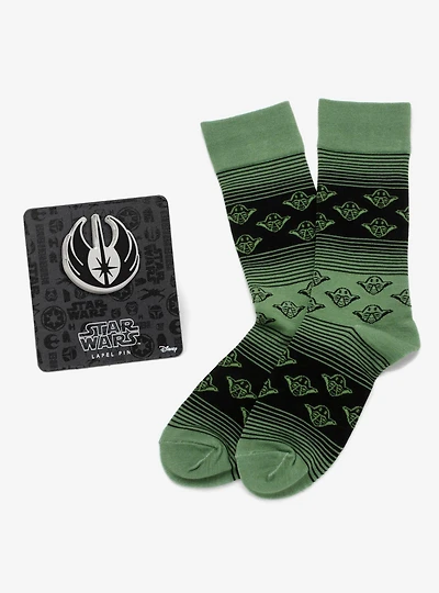 Star Wars Yoda Green and Black Ombre Pattern Dress Socks with Jedi Crest Lapel Pin