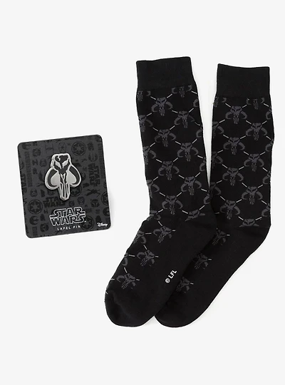 Star Wars Mandalorian Charcoal Gray Dress Socks and Mythosaur Lapel Pin Gift Set