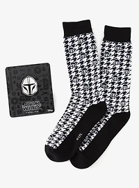Star Wars Mandalorian Houndstooth Black and White Dress Socks and Lapel Pin Gift Set