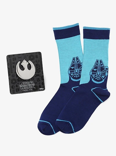 Star Wars Millennium Falcon Blue Mod Dress Socks and Rebel Crest Lapel Pin Gift Set