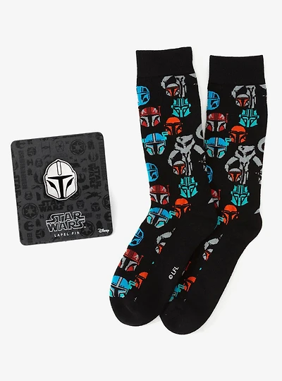 Star Wars Mandalorian and Mythosaur Multicolored Navy Dress Socks and Lapel Pin Gift Set