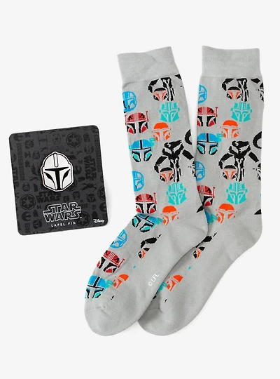 Star Wars Mandalorian and Mythosaur Multicolored Gray Dress Socks and Lapel Pin Gift Set