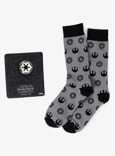 Star Wars Rebel Alliance Starbird Crest and Imperial Crest Gray Dress Socks and Lapel Pin Gift Set