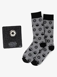 Star Wars Rebel Alliance Starbird Crest and Imperial Crest Gray Dress Socks and Lapel Pin Gift Set