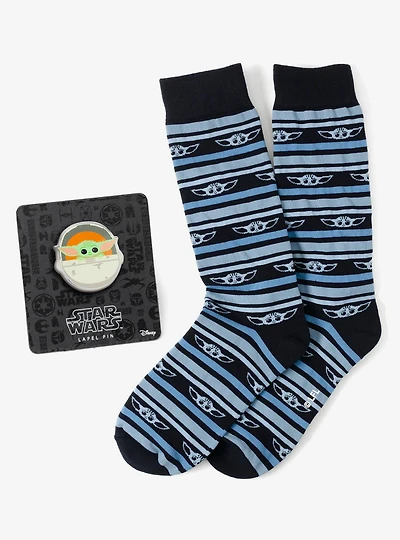 Star Wars Grogu Blue Striped Dress Socks and Lapel Pin Gift Set