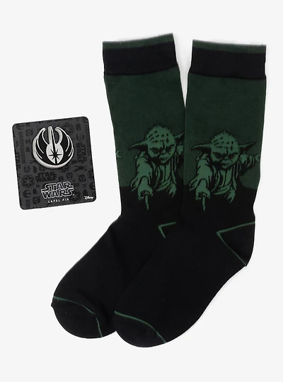 Star Wars Yoda Green Dress Socks and Jedi Order Crest Lapel Pin Gift Set