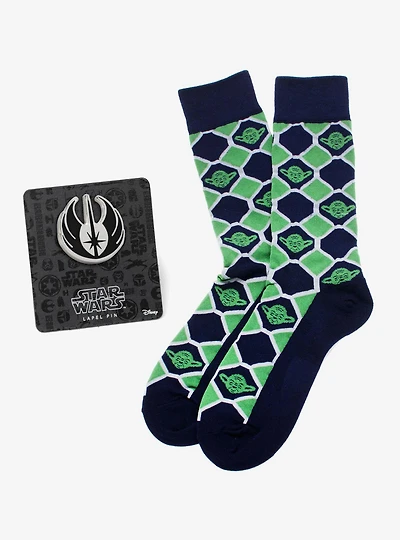 Star Wars Yoda Green and Navy Checkered Dress Socks and Jedi Crest Lapel Pin Gift Set