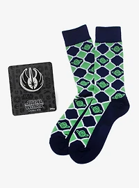 Star Wars Yoda Green and Navy Checkered Dress Socks and Jedi Crest Lapel Pin Gift Set