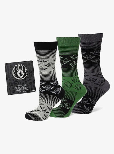 Star Wars Yoda Green, Gray, and Black Ombre Dress Socks and Jedi Crest Lapel Pin Gift Set