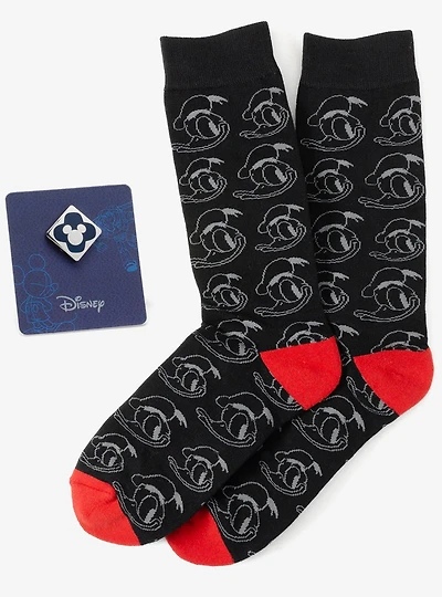 Disney Donald Duck Patterned Black Socks and Mickey Mouse Blue Lapel Pin Gift Set