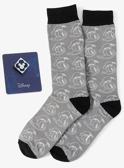Disney Donald Duck Patterned Gray Socks and Mickey Mouse Blue Lapel Pin Gift Set
