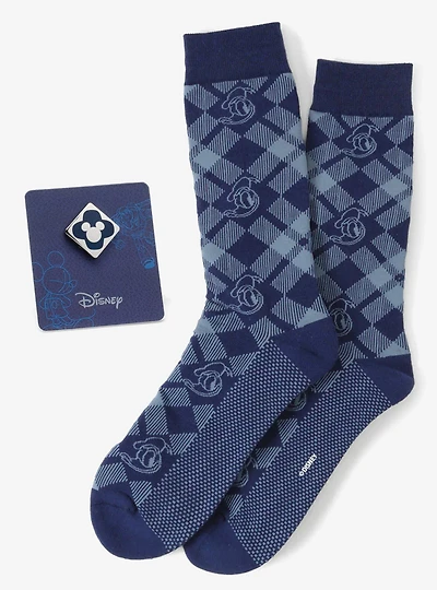 Disney Donald Duck Plaid Socks and Mickey Mouse Blue Lapel Pin Gift Set